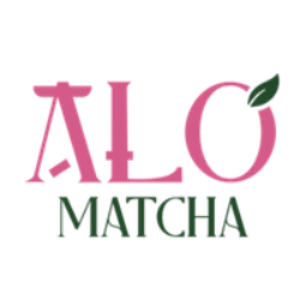 Alo Matcha logo with pink and green design on a white background